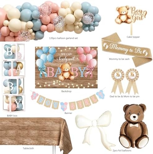 Bear Gender Reveal Decorations, He or She Gender Reveal Party Decoration, Boy or Girl Bear Theme Party Supplies with Backdrop BABY-Box Tablecloth Mom to Be Sash Dad to Be Pin Balloon Arch - Image 2