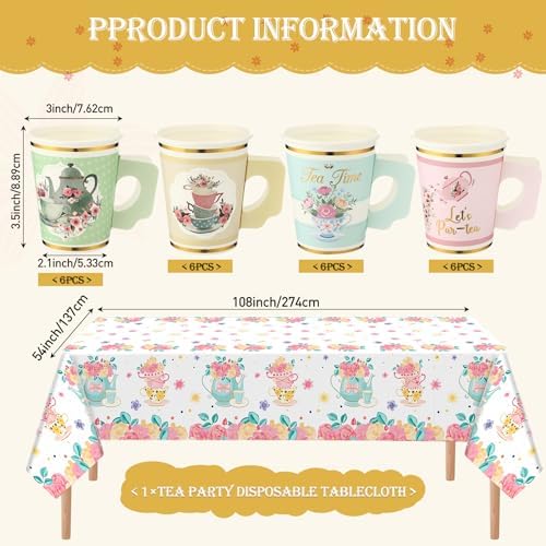 Yungyan 97 Pcs 24 Set Floral Tea Party Supplies, Tea Party Plates and Napkins Set with Tablecloth, Disposable Handle Teacups and Saucers for Birthday Wedding Bridal Shower Decorations - Image 3