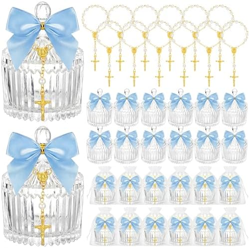 Chuangdi 12 Sets 48 Pcs Baptism Favors for Guests Crystal Candy Bowl Gifts with 12 Pcs Cross Rosary for Baptism Decorations Wedding Baby Shower Supplies First Communion Party(Blue) by Chuangdi