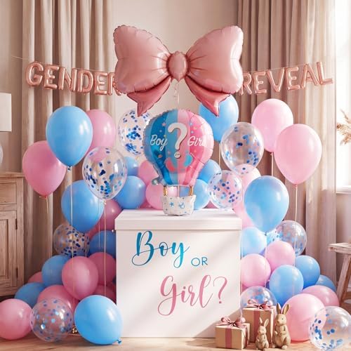 28in Extra Large Gender Reveal Gift Box with Big Hot Air Foil Balloon and 12in Pink Blue Balloon Set Jumbo Giant Gift Box Decoration Kit with Boy or Girl Theme Stickers - Image 4