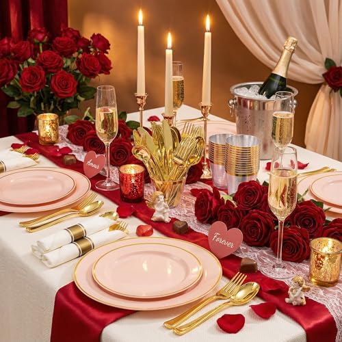 SUT 175 Pcs Pink and Gold Plastic Dinnerware Set for 25 Guests, Include: 25 Dinner Plates, 25 Dessert Plates, 25 Pre Rolled Napkins With Silverware, 25 Cups, Disposable Plates for Baby Shower, Party - Image 2