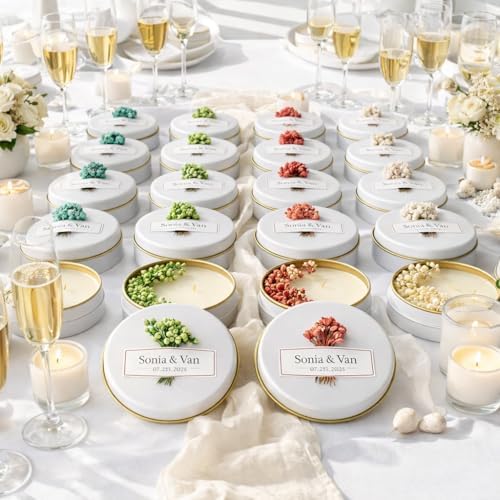 Personalized Scented Soy Wax Candle Favors with Dried Flowers, White Tin Guest Gifts for Weddings, Bridal & Baby Showers, Bulk Sets (10–200 Count) - Image 3