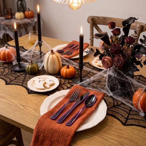 WDF 180 Pieces Black and Purple Halloween Plastic Silverware - Black Flatware Set Include 60 Forks, 60 Knives and 60 Spoons Heavy Duty Plastic Cutlery Purple Utensils for Halloween Party/Birthday - Image 5