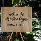 Andaz Press Personalized Large Wooden Welcome Sign for Wedding Rustic Welcome Sign 16" x 20" Custom Names The Adventure Begins Wedding Signage English Oak MDF Wood Finish Indoor Outdoor Signs - Image 4