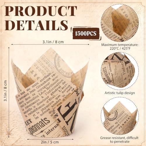 Sawysine 1500 Pcs Tulip Cupcake Liners Baking Greaseproof Wrappers Decor - Image 2