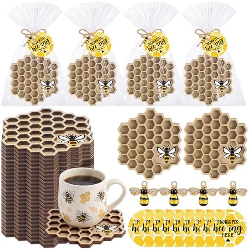 24 Sets Bee Party Favor Honeycomb Wood Coaster Set with Charm by RimCereal