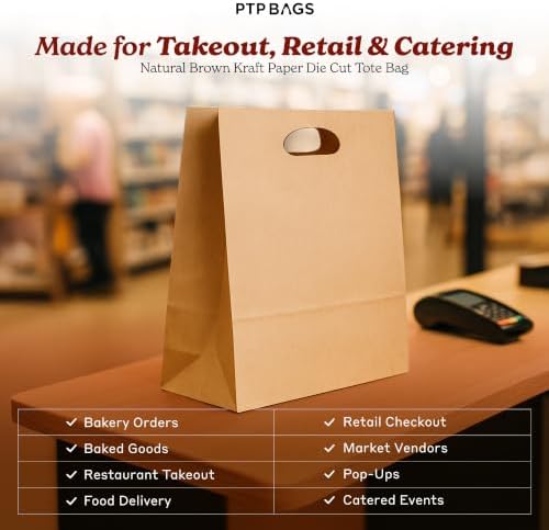 Natural Brown Kraft Paper Bags with Die Cut Handles - 11" x 6" x 11" - Image 2