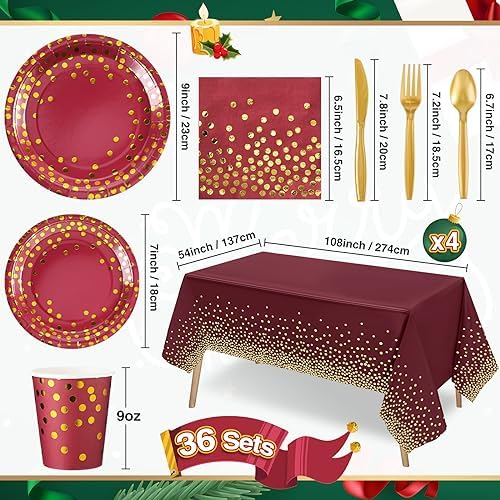 Tegeme 256 Pcs Maroon and Gold Dot Party Supplies Serve 36 Guest Burgundy Red Paper Plates Napkin Tablecloth Disposable Dinnerware Plastic Fork Knives Cup for Birthday Baby Shower Wedding Decoration - Image 5