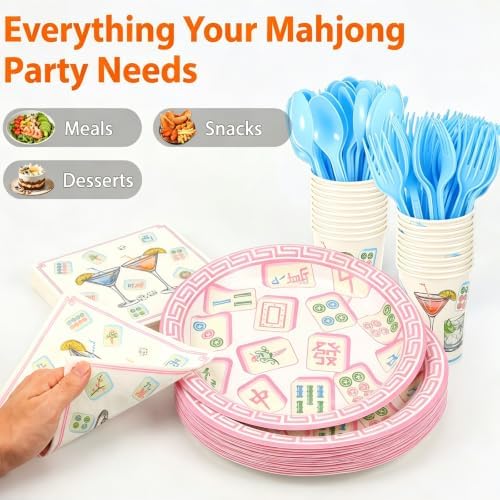 350 Pcs Mahjong Paper Plates and Napkins Set for 50 Guests - Disposable Tableware with Cups Forks Knives Spoons, Mahjong Themed Party Supplies for Game Night Birthday Decorations - Image 4