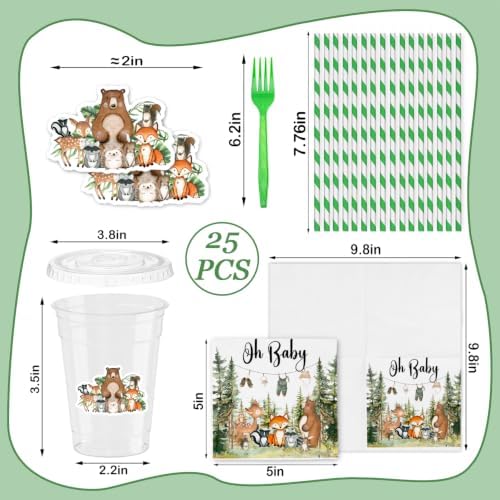 Woodland Baby Shower Plates, Green, Serves 25, Disposable Tableware Set - Image 3