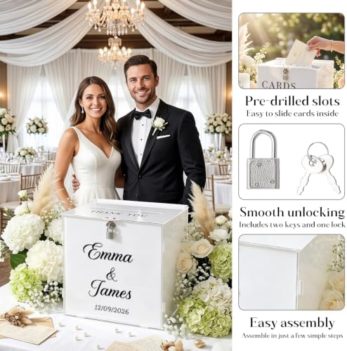 OASF&QPPTY Custom Wedding Card Box with Lock, Elegant Personalized Wedding Card Box for Reception, Graduation, Baby Shower - Secure PVC Money Box for Cards and Well Wishes, Elegant Party Table Decor - Image 5