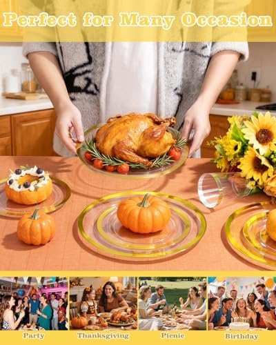 YOUBET 210PCS Gold Plastic Plates - Heavy Duty Clear Gold Disposable Plates Includes 30 Dinner Plate, 30 Dessert Plate, 30 Gold Cups, 30 Napkins for Party & Wedding - Image 5