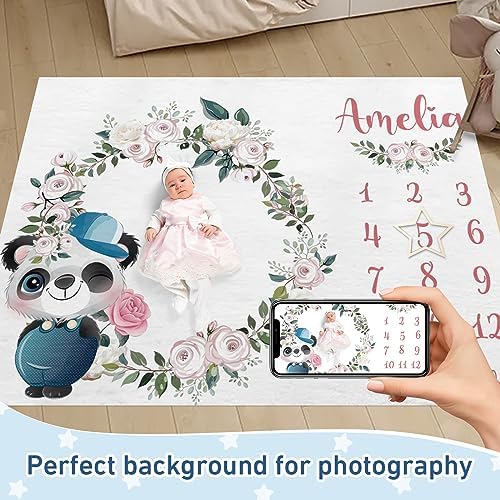 Custom Name Baby Milestone Blanket - Baby Milestone Monthly Blanket with Double Sided for Boy Girl Baby Photography Props - Pink Panda Print Gifts for Kids Infant - Image 2