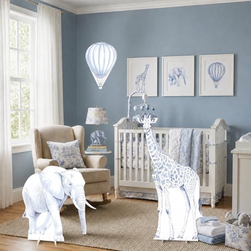 3Pcs Blue Toile de Jouy Safari Baby Shower Decorations, Large Elephant Giraffe Hot Air Balloon Cardboard Cutouts, Corrugated Plastic Jungle Animal Standees for Boy Gender Reveal Nursery Decor - Image 6