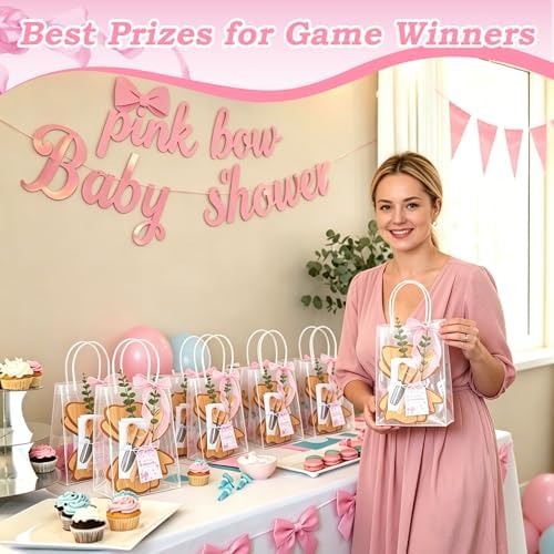 56 Pcs Pink Bow Baby Shower Prizes for Game Winners 6 Sets Bamboo Cheese Board Spoon Fork Butter Spreaders Plaid Towel Thank You Card and Gift Bags for Coquette Pink Bow Baby Shower Favors - Image 7