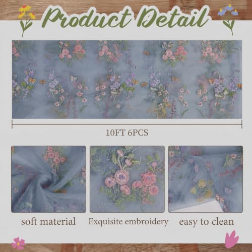 Blue Floral Table Runner 10ft Embroidery Tulle Spring Wildflower Gauze Table Runner Seasonal Summer Butterfly Kitchen Dining Decoration for Wedding Baby Shower Birthday Party (6 Pcs) - Image 2