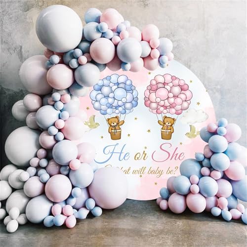 Polyester Diameter 7.5ft Round Gender Reveal Backdrop Blue Pink Balloon Bear Background for Photography He or She What Will Baby Be Mommy Pregnancy Surprise Party Photo Booth Props - Image 3
