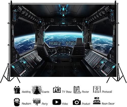 10x6.5ft Spaceship Station Interior Backdrop Outer Space Earth Futuristic Spacecraft Cabin Decorations Background Galaxy Universe Science Fiction Astronaut Adventure Birthday Banner Photo Booth - Image 4
