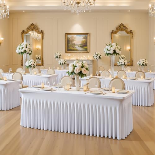 4 Pack 8ft White Spandex Tablecloths for Rectangle Tables Wrinkle Free White Rectangle Table Cloth, Stretch Fitted Table Cover with Skirt for Wedding Birthday Party Banquet Baby Shower Buffet Event - Image 3