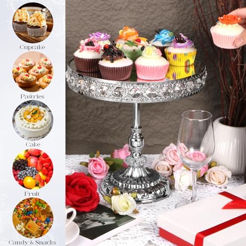 12-Piece Silver Cake Stand Set, Vintage Cake Stand with Crystal Edge and Cupcake Display Tray, Dessert Table Display Set for Wedding, Party, Baby Shower, Anniversary Celebration - Image 3