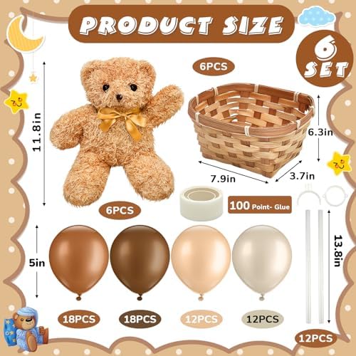 Hollowfly 6 Set Bear Baby Shower Party Decoration Table Centerpieces 6 Gender Reveal Stuffed Plush Bears 6 Bamboo Baskets 60 Colorful Balloons 12 Balloon Stands Birthday Party Wedding(Brown) - Image 2