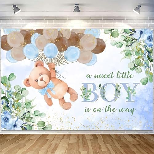 8x6ft Blue Bear Baby Shower Backdrop A Sweet Little Boy is On The Way Photography Background Baby Shower Banner for Boy Bear Party Decorations Newborn Photo Props by Sillsloso