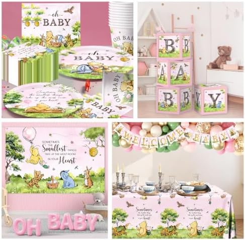 Bear Baby Shower Decorations, Pink Baby Shower Decorations with Oh Baby Backdrop Banner Plates Napkins Bear Tablecloth Balloon Arch Box for 1st Boy Girl Birthday Party - Image 6