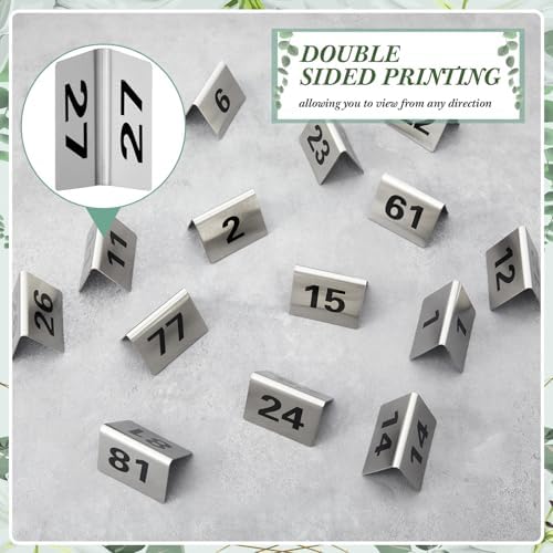 Wenqik 100 Pack Stainless Steel Table Numbers 1-100, 2 x 1.6 Inch Double Sided Tent Style Number Signs Tabletop Display Cards for Wedding Reception, Restaurant, Party, Cafe and Event Seating - Image 6