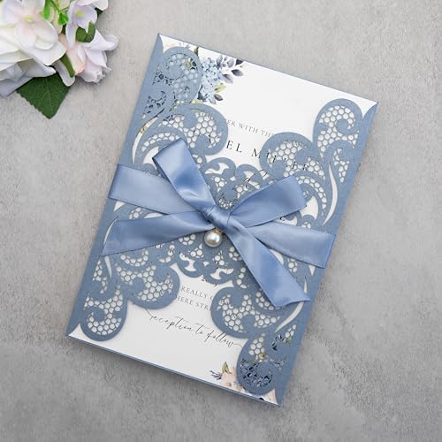 20Pcs Personalized Wedding Invitation, Customized Dusty Blue Laser Cut Invitation Cards With Envelopes Rhinestone Pearls and Ribbons For Wedding XV Anos Quinceanera Invitation - Image 3