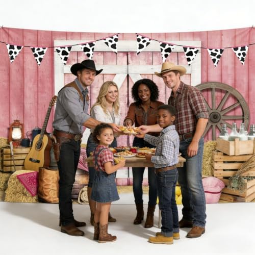Pink Western Cowgirl Backdrop Size 10x8 Ft Rustic Wooden House Barn Design Party Banner Durable Polyester Photo Booth Background for Cowgirl Birthday & Farm Party Decorations Supplies - Image 2
