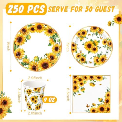 Sunflower Party Decorations, Paper Plates Napkins Cups Serve 50, Yellow - Image 3