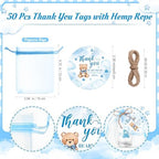 Funnymoom 50 Sets Bear Baby Shower Favors for Guests Souvenir Blue Teddy Bear Birthday Party Supplies We Can Bearly Wait Acrylic Clear Shot Glasses Thank You Tags with Organza Bags for Gender Reveal - Image 3