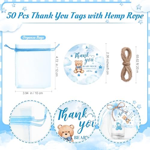Funnymoom 50 Sets Bear Baby Shower Favors for Guests Souvenir Blue Teddy Bear Birthday Party Supplies We Can Bearly Wait Acrylic Clear Shot Glasses Thank You Tags with Organza Bags for Gender Reveal - Image 3