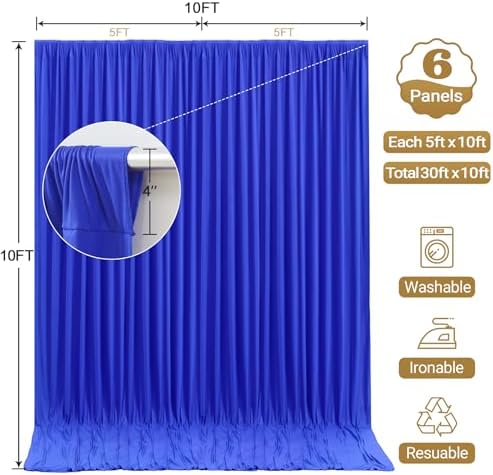 30x10ft Royal Blue Backdrop Curtain Panels for Parties - Wrinkle Free Polyester Photo Curtain Backdrop Wedding Back Drop Fabric Drapes for Party Decorations Background for Photography - Image 5