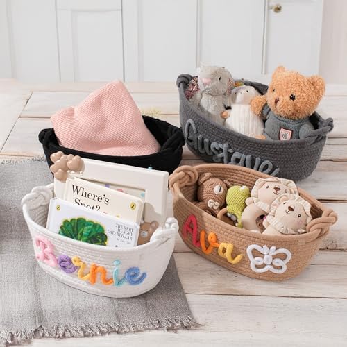 Personalized Baby Name Basket - Custom Embroidered Cotton Rope Organizer, Diaper Caddy & Nursery Storage Gift for Newborns, Toddlers - Baby Shower, Birthday, Easter Present (Cream, M) - Image 2
