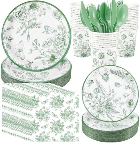 Funnymoom 400 Pcs Sage Green Floral Party Supplies for 50 Guests by Funnymoom