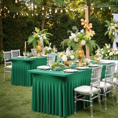 2 Pack Emerald Green Spandex Tablecloths for 8 Foot Rectangle Tables, Wrinkle Free Fitted Table Cloths Green 8ft Stretchy Table Cloth Cover with Skirt for Parties Weddings Birthday Banquet Baby Shower - Image 4