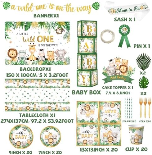 Safari Baby Shower Decorations,262pcs Wild Birthday Decorations Jungle Baby Shower Decorations Plates and Napkin Cups Backdrop Banner Tablecloth Balloons Garland Boxes,Serves 20 - Image 6