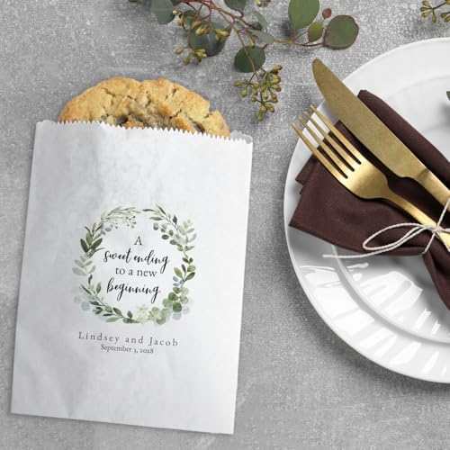 Canopy Street Personalized Greenery Wreath Treat Bags / 50 Custom Event Dessert Bags / 5 3/4" x 8" Watercolor Floral Cookie Holder Wedding Anniversary Favor/Made In The USA - Image 4
