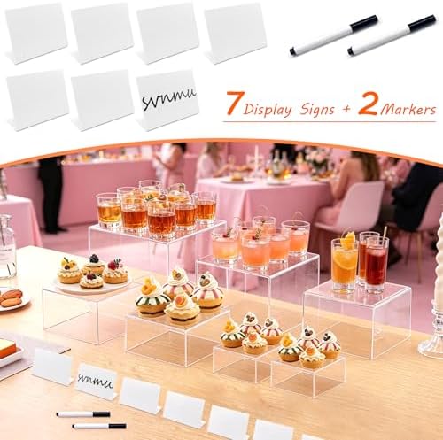 7pcs Acrylic Buffet Display Risers with Mini Sign and Marker Nestable Cube Food Stands Set for Dessert Table Catering Wedding Party Jewelry Collectibles Figures(Size 10" 9" 8" 7" 6" 5" 5",Transparent) - Image 3