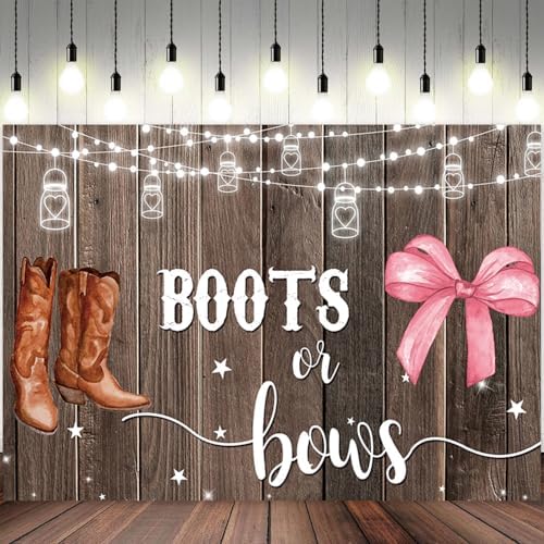 10x7ft Gender Reveal Backdrop Boots or Bows Photography Background Glitter Dot Star Rustic Wood Board Cartoon Baby Shower Banner Decorations Newborn Boy Girl Birthday Party Photo Booth Prop - Image 2