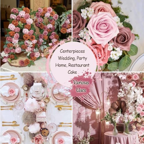 50pcs Dusty Rose Gold Foam Fake Roses with Stems Blush Pink Mauve Artificial Flowers Real Looking for Wedding Bouquets Bridal Shower Centerpieces Floral Arrangements Party Tables Home Decor Bulk - Image 5