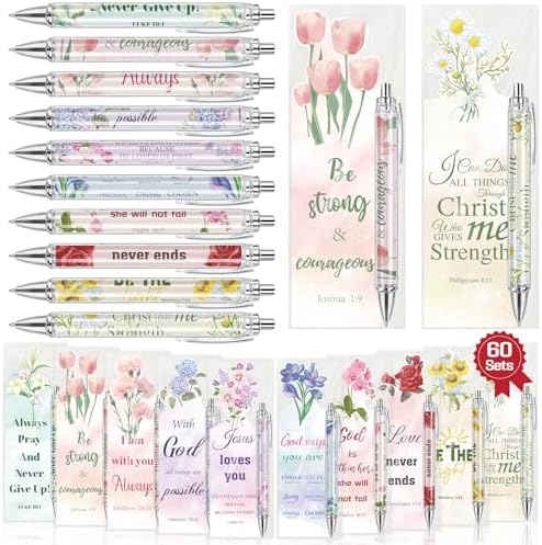 60 Sets Christian Bible Verse Pens Gifts Bulk with Bookmarks Inspirational Scripture Pens Religious Ballpoint Pen with Black Ink Floral Design for Prayers Women Church Gifts (Floral) by Stuffygreenus