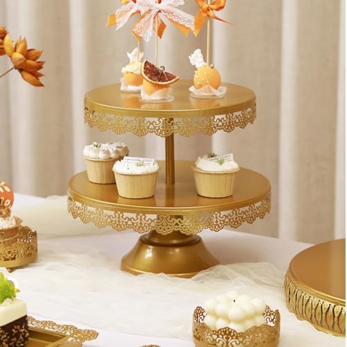 8Pcs Metal Cake Stand Set with 14 inch Round Cake Stand for Large Cakes, 2-Tier & 3-Tier Dessert Stands, Lace Edge Serving Trays – Display for Wedding, Birthday, Party(Gold) - Image 6