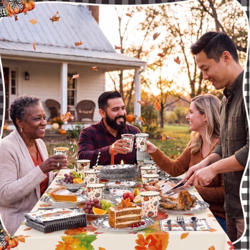 Ceenna 452 Pcs Fall Pumpkin Party Supplies for 50, Black Buffalo Plaid Pumpkin Leaves Paper Plates Napkins Cups Tablecloth Cutlery Straw Disposable Tableware for Thanksgiving Autumn Harvest Decoration - Image 4