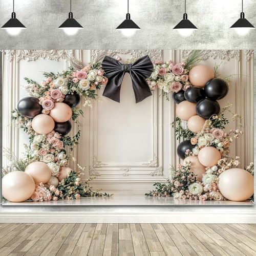 10x10ft Bow Wedding Photography Backdrop Black Bow Floral Balloons Backdrops White Vintage Wall Background Coquette Banner for Girls Birthday Party Decorations by Uokiuki