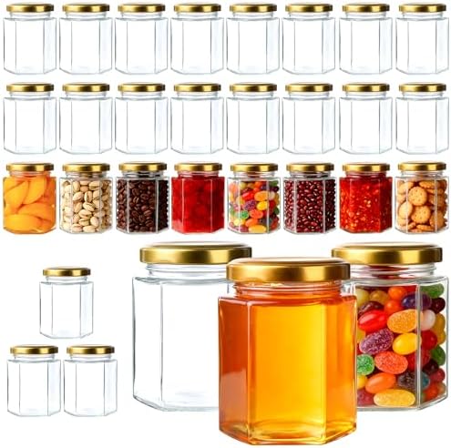 30 Pack 6 oz Glass Jars with Gold Lids - Airtight Hexagon Honey Jars by BPFY