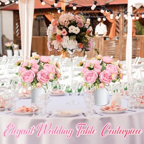 3 Sets Artificial Peonies Flower Peony Bouquet with Galvanized Metal Pot Silk Fake Peonies Faux Flower Arrangements for Wedding Table Centerpiece Party Home Room (Pink) - Image 5