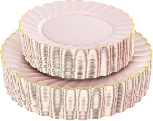 YOUBET 60PCS Pink Scalloped Plastic Plates for Party Wedding Baby Shower by YOUBET
