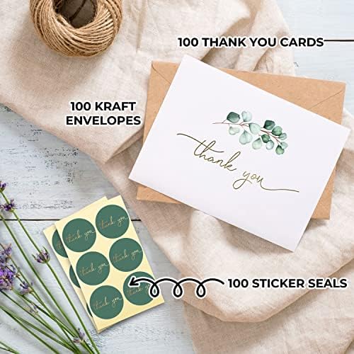 100 Heavyweight Blank Thank You Cards with Envelopes for a Personal Touch, Eucalyptus Thank You Card for Any Occasion, Wedding, Bulk Pack Card with Envelopes & Stickers (3.7 x 5.1 Inches) (100 Pack) - Image 3